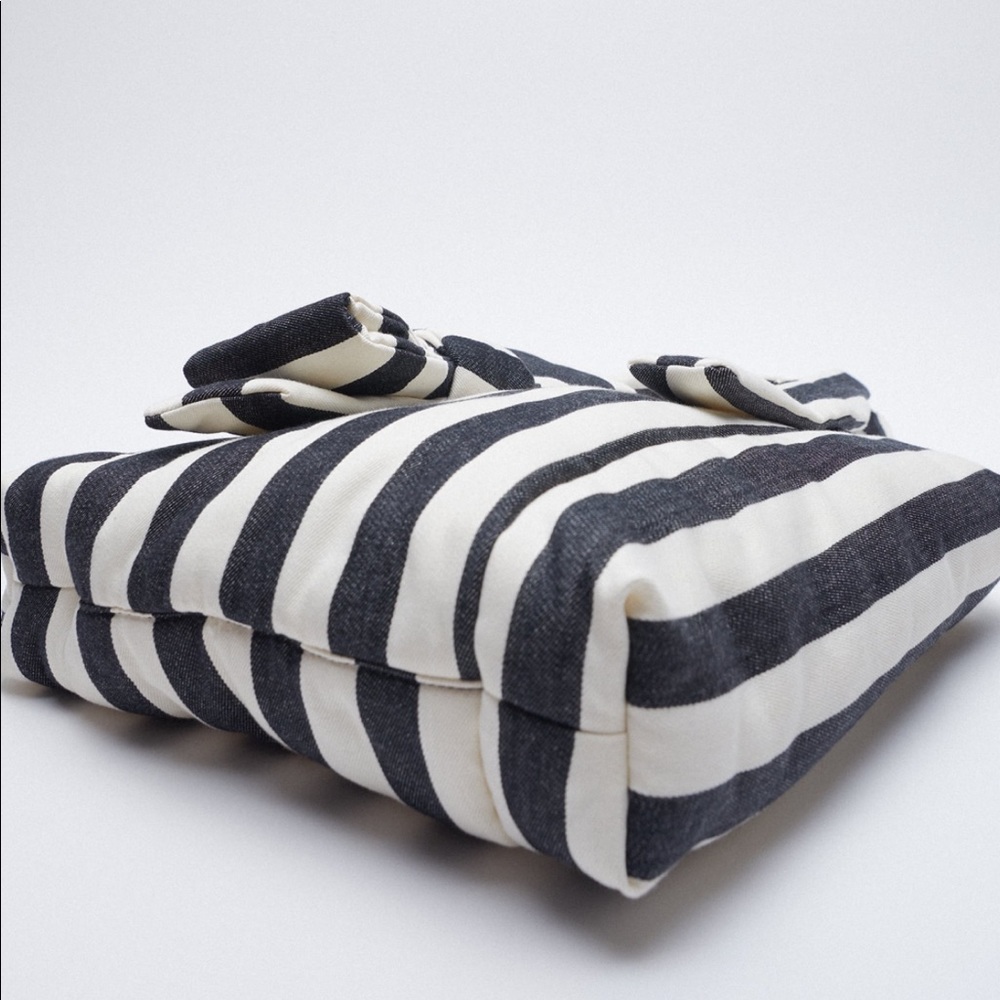 NWT Zara Blue White Maxi Bow striped shoulder shopper - Picture 4 of 7